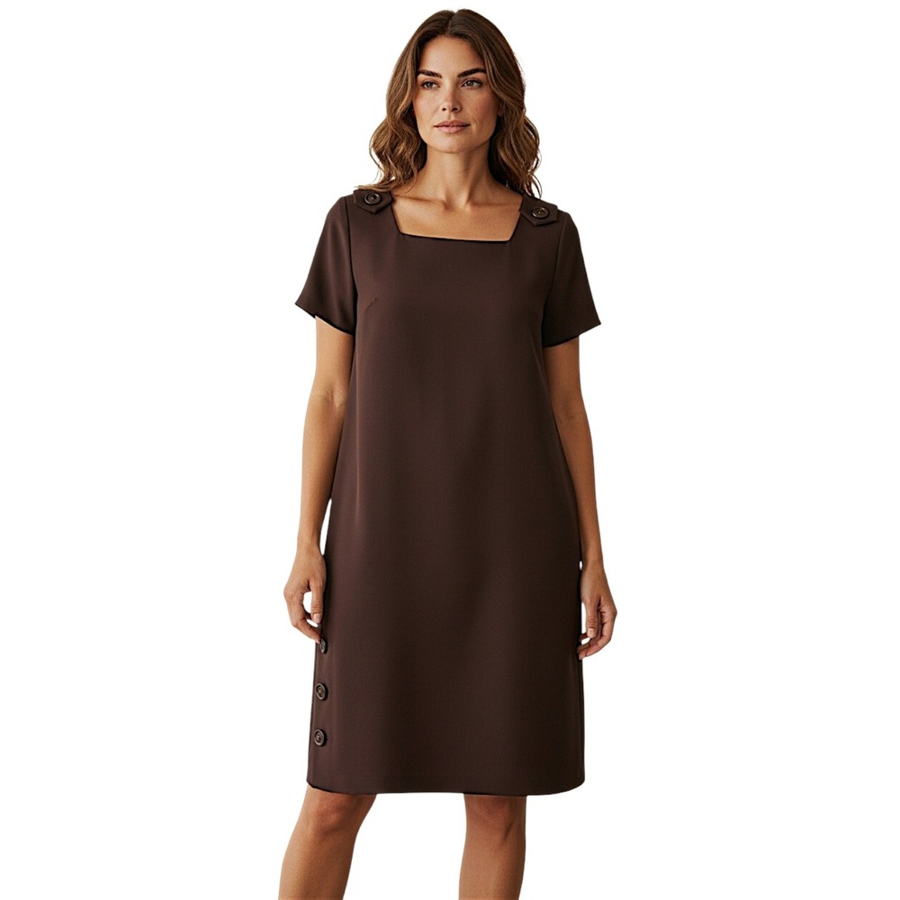 Vtg Lourdes‎ Chavez Shift Dress sz S/M Brown Square Neck Retro 50s Minimal USA